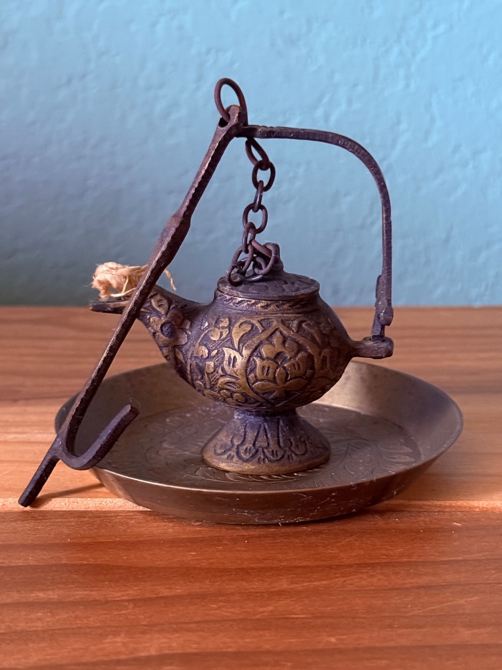 Vintage Miniature Brass Hanging Oil Lamp w/ Iron Hanger & Tray Diya Style 3.5”